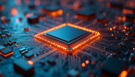 A close-up view of a high-tech microchip surrounded by intricate circuitry, illuminated by glowing orange lights. This image captures the essence of modern technology, showcasing the beauty and complexity of electronic components in a captivating, futuristic design.の素材