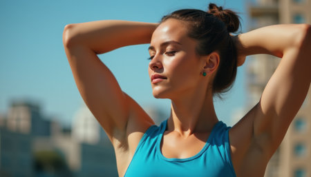 A fit woman with a serene expression stands outdoors, basking in the sunlight with her arms raised behind her head. Her athletic physique and relaxed demeanor radiate confidence and tranquility, embodying the essence of a healthy lifestyle.の素材