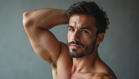 A handsome man with a well-defined physique poses confidently, his hand running through his hair against a muted gray background. His intense gaze and chiseled features exude charisma and strength, capturing the essence of modern masculinity.の素材