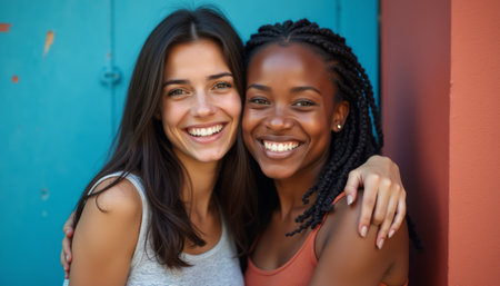 Two young women, one with long brown hair and the other with beautiful braided hair, share a warm embrace against a vibrant blue and orange backdrop. Their genuine smiles radiate happiness and friendship, capturing a moment of pure joy and connection.の素材