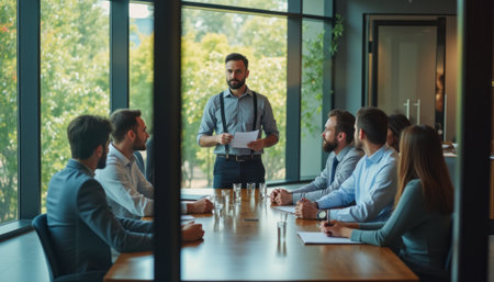 A confident man stands at the head of a sleek conference table, presenting to a diverse group of attentive colleagues in a bright, contemporary office. The atmosphere is charged with focus and collaboration, highlighting teamwork and professional engagement in a dynamic setting.の素材
