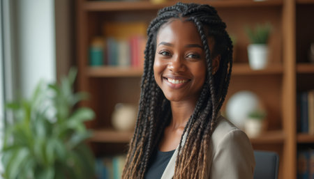 A radiant young Black woman with beautiful braided hair beams with confidence in a stylish office setting. The warm atmosphere is enhanced by a backdrop of bookshelves and greenery, symbolizing professionalism and positivity.の素材