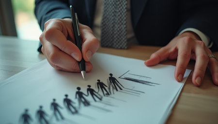 A focused businessman in a suit is sketching stick figures on a sheet of paper, symbolizing teamwork and collaboration. The image captures the essence of creativity in the corporate world, highlighting the importance of visual communication in professional settings.の素材