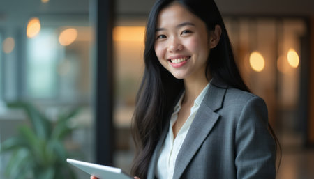 A smiling young Asian woman in a stylish gray suit stands confidently with a tablet in her hands, radiating professionalism. The soft, blurred background features warm lighting, enhancing the atmosphere of a modern office space, perfect for showcasing ambition and success.の素材