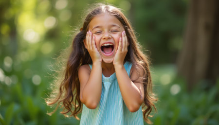 A young girl with long, flowing hair beams with delight, her hands on her cheeks in a moment of pure joy. Surrounded by vibrant greenery, her infectious laughter captures the essence of childhood bliss and carefree moments.の素材