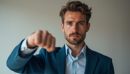 A determined young man in a tailored suit stands confidently, his fist raised in a powerful gesture. This striking image conveys strength and assertiveness, capturing the essence of ambition and self-assurance in a professional setting.の素材