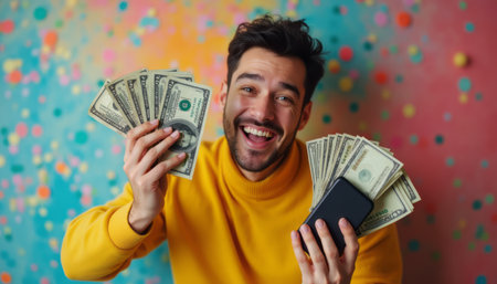 A cheerful young man holds stacks of cash in both hands, showcasing his excitement against a vibrant, colorful background. His bright yellow sweater and wide smile radiate happiness, capturing the thrill of financial success and celebration.の素材