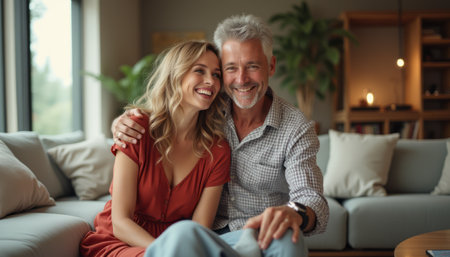 A happy couple, a middle-aged man with gray hair and a woman with wavy blonde hair, share a joyful embrace on a stylish sofa. Their genuine smiles and relaxed atmosphere create a heartwarming scene of love and companionship in a beautifully decorated living space.の素材