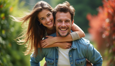 A happy couple, a young woman with long brown hair and a man with short brown hair, embrace joyfully in a lush green setting. Their radiant smiles and carefree expressions capture the essence of love and happiness, surrounded by vibrant foliage.の素材