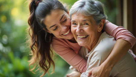 A young woman with long brown hair joyfully hugs her grandmother, who has silver hair, both radiating happiness in a lush green setting. This heartwarming moment captures the essence of love and connection across generations, showcasing the beauty of family bonds.の素材