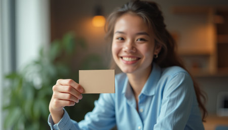 A cheerful young woman with long, wavy hair is smiling brightly while holding a blank card in a cozy indoor setting. The warm ambiance, highlighted by soft lighting and greenery, creates a welcoming atmosphere perfect for personal messages or creative projects.の素材