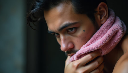 A close-up of a handsome man with dark hair, holding a pink towel against his chin, exuding a contemplative mood. His piercing gaze and subtle stubble create an atmosphere of introspection and vulnerability, inviting viewers to connect with his emotions.の素材