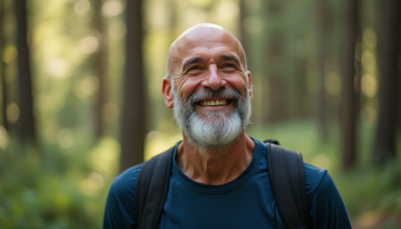 An elderly man with a full beard and a warm smile stands amidst tall trees in a tranquil forest. His joyful expression radiates happiness and contentment, embodying the spirit of adventure and connection with nature.の素材