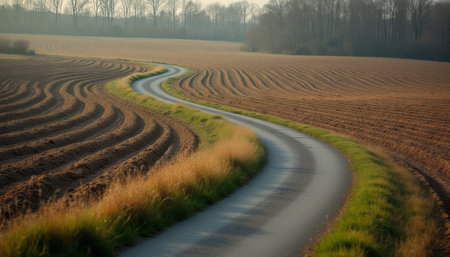 A serene winding road meanders through golden fields, bordered by lush green grass under a soft morning light. This picturesque landscape captures the tranquility of rural life, inviting viewers to explore the beauty of natures simplicity.の素材