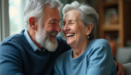 An affectionate elderly couple, both with silver hair, share a warm laugh while sitting close together. Their genuine smiles radiate love and companionship, capturing the essence of a lifelong bond.の素材