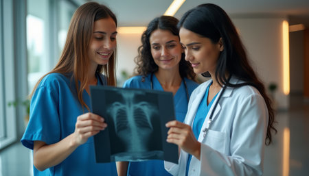 Three female healthcare professionals, dressed in scrubs, are intently examining an X-ray of lungs, showcasing teamwork and dedication in patient care. The image captures a moment of collaboration and expertise, highlighting the importance of communication in the medical field.の素材