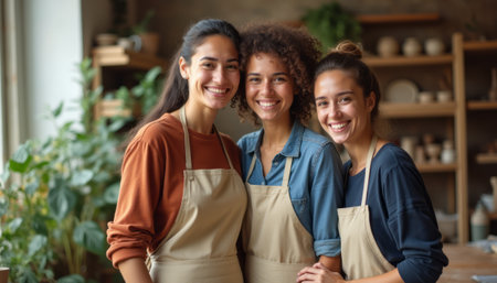 Three joyful women, each wearing a beige apron, stand together in a cozy pottery studio filled with plants and handmade ceramics. Their radiant smiles and warm camaraderie reflect a shared passion for creativity and artistry.の素材