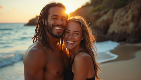 A happy couple stands close together on a sandy beach, illuminated by the warm glow of the setting sun. Their radiant smiles and carefree expressions capture the essence of love and joy, creating a perfect moment of connection by the ocean.の素材