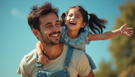 A smiling father carries his delighted daughter on his back, both radiating happiness against a bright blue sky. This heartwarming scene captures the essence of family joy and carefree childhood, showcasing their close bond and playful spirit.の素材