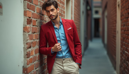 A fashionable young man with a well-groomed beard stands against a rustic brick wall, exuding charm and confidence. His striking red blazer paired with a light blue shirt creates a vibrant contrast, perfectly complementing the urban backdrop.の素材