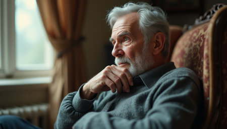 An elderly man with gray hair and a thoughtful expression sits in a cozy armchair, lost in contemplation. The warm light streaming through the window highlights his pensive demeanor, evoking a sense of nostalgia and reflection.の素材