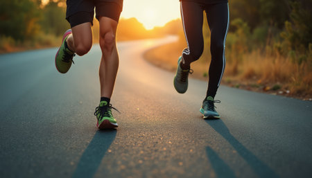 Two runners, one in shorts and the other in leggings, sprint along a winding road bathed in golden sunset light. The image captures the essence of determination and vitality, showcasing the beauty of outdoor exercise and the joy of movement.の素材