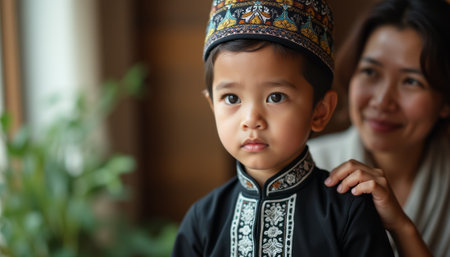 A young boy dressed in a beautifully embroidered traditional outfit gazes thoughtfully, while his mother smiles gently in the background. This touching moment captures the bond between parent and child, highlighting cultural heritage and familial love.の素材