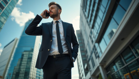 A stylish businessman in a tailored suit strides confidently through a modern urban landscape, engaged in a phone conversation. The towering glass buildings reflect the vibrant blue sky, creating a dynamic backdrop that emphasizes ambition and professionalism.の素材