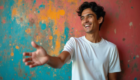 A joyful young man with curly hair smiles brightly while extending his hand against a vibrant, textured wall. The colorful backdrop, splashed with hues of blue, orange, and red, enhances the warmth of his inviting gesture, radiating positivity and friendliness.の素材