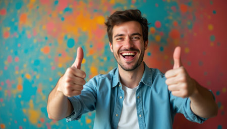 A cheerful young man with a bright smile gives two thumbs up in front of a lively, splattered paint wall. His expression radiates positivity and enthusiasm, perfectly capturing a moment of celebration and joy.の素材