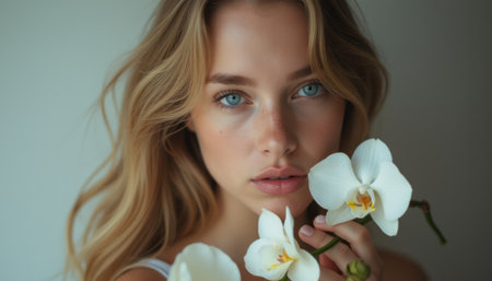 A stunning young woman with flowing blonde hair gazes softly at the camera, holding elegant white orchids close to her face. Her striking blue eyes and natural makeup create an ethereal look, embodying grace and tranquility.の素材
