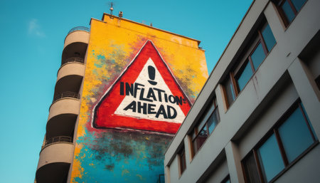 A vibrant mural on a building features a striking warning sign that reads INFLATION AHEAD, set against a bright yellow background. This eye-catching artwork captures the urgency of economic concerns, blending creativity with a powerful message that resonates in todays financial climate.の素材