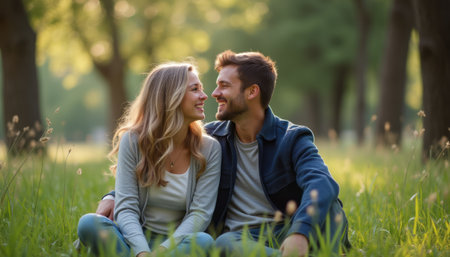 A happy couple sits closely together on lush green grass, surrounded by soft sunlight filtering through trees. Their warm smiles and intimate connection radiate love and joy, capturing a perfect moment of togetherness in nature.の素材