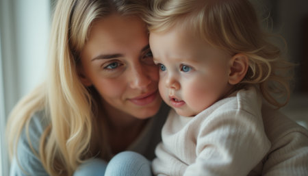 A loving mother gazes affectionately at her curious toddler, both bathed in soft, natural light. This intimate scene captures the deep bond and warmth shared between them, highlighting the innocence of childhood and the nurturing spirit of motherhood.の素材