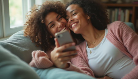 Two smiling women with curly hair are snuggled together on a soft couch, engrossed in their phone. Their laughter and warmth radiate a sense of friendship and connection, creating a heartwarming atmosphere of joy and togetherness.の素材