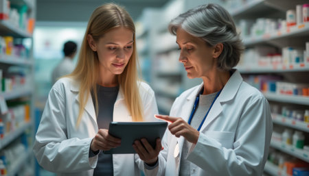 Two female pharmacists, one with long blonde hair and the other with short gray hair, are engaged in a focused discussion while reviewing a tablet in a well-organized pharmacy. The image captures a moment of teamwork and professionalism, highlighting the importance of collaboration in healthcare.の素材