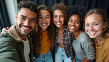 A vibrant group of five friends, featuring a mix of ethnicities, smiles brightly as they take a selfie together. Their joyful expressions and casual attire radiate warmth and camaraderie, capturing a moment of friendship and happiness.の素材