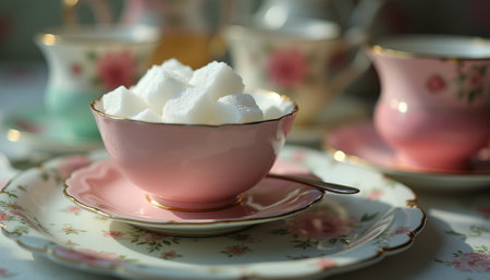 A charming pink bowl filled with sugar cubes sits elegantly on a floral plate, surrounded by vintage tea cups. This inviting scene captures the essence of a cozy afternoon tea, evoking warmth and nostalgia.の素材