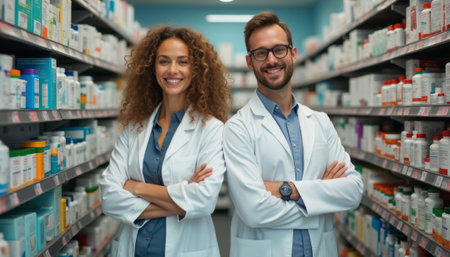 A cheerful woman with curly hair and a man with glasses stand back-to-back in a pharmacy, exuding professionalism and warmth. Their confident smiles and white lab coats create an inviting atmosphere, showcasing their dedication to health and wellness.の素材