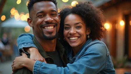 A happy couple, a Black man and a woman with curly hair, share a joyful embrace, surrounded by twinkling lights. Their radiant smiles and affectionate pose capture the essence of love and celebration, making this image perfect for conveying warmth and connection.の素材