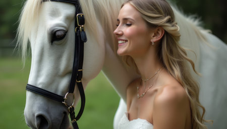 A joyful bride with flowing blonde hair leans affectionately against her majestic white horse, radiating warmth and love. The serene outdoor setting enhances the bond between them, capturing a moment of pure happiness and connection.の素材