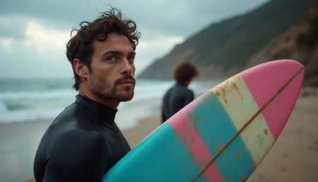A focused male surfer stands on a sandy beach, holding a colorful surfboard, with a friend in the background. The image captures the thrill of adventure and the anticipation of riding the waves, set against a dramatic coastal backdrop.の素材