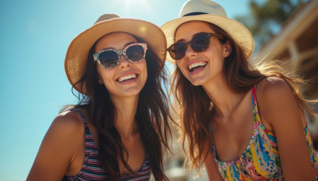 Two cheerful women, wearing stylish sunglasses and sun hats, share a radiant smile against a bright blue sky. Their vibrant swimsuits reflect the carefree spirit of summer, capturing the essence of friendship and fun in the sun.の素材