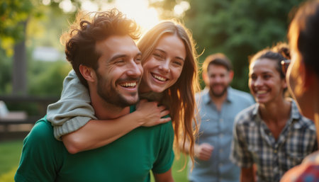 A group of friends shares laughter and joy in a sunlit park, capturing the essence of friendship and happiness. The image radiates warmth and connection, showcasing a man and woman sharing a playful moment, surrounded by their smiling companions.の素材