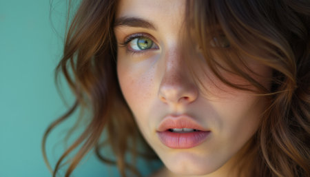 This stunning close-up features a young woman with mesmerizing green eyes and soft, wavy hair framing her face. Her natural beauty shines through, highlighted by a subtle glow on her skin and a serene expression that evokes a sense of calm and allure.の素材