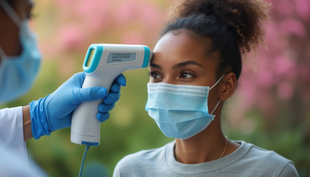 A healthcare professional in blue gloves uses a digital thermometer to check the temperature of a young woman wearing a light blue mask. This image captures a moment of care and safety, highlighting the importance of health protocols in a vibrant, outdoor setting.の素材