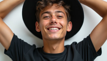 A cheerful young man with tousled hair and a wide smile poses confidently, wearing a trendy black hat against a light background. His vibrant energy radiates positivity, capturing the essence of youth and carefree spirit.の素材