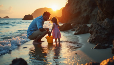 A joyful father and his young daughter are playing together on a serene beach, with golden sunlight casting a warm glow over the scene. The little girl, dressed in a pink dress, is focused on filling a yellow bucket with water, while her father kneels beside her, creating a heartwarming moment of connection and joy.の素材