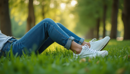 A young woman lounges on lush green grass, showcasing her casual style in rolled-up jeans and trendy white sneakers. The serene park setting, bathed in soft sunlight, evokes a sense of peace and relaxation, perfect for enjoying natures beauty.の素材