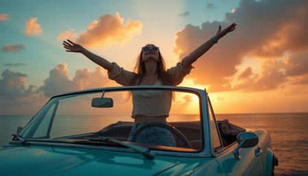 A carefree woman with long hair and sunglasses joyfully stretches her arms wide from a vintage convertible, basking in the warm glow of a stunning sunset. The vibrant colors of the sky reflect her exuberance, capturing a moment of pure bliss and adventure by the ocean.の素材